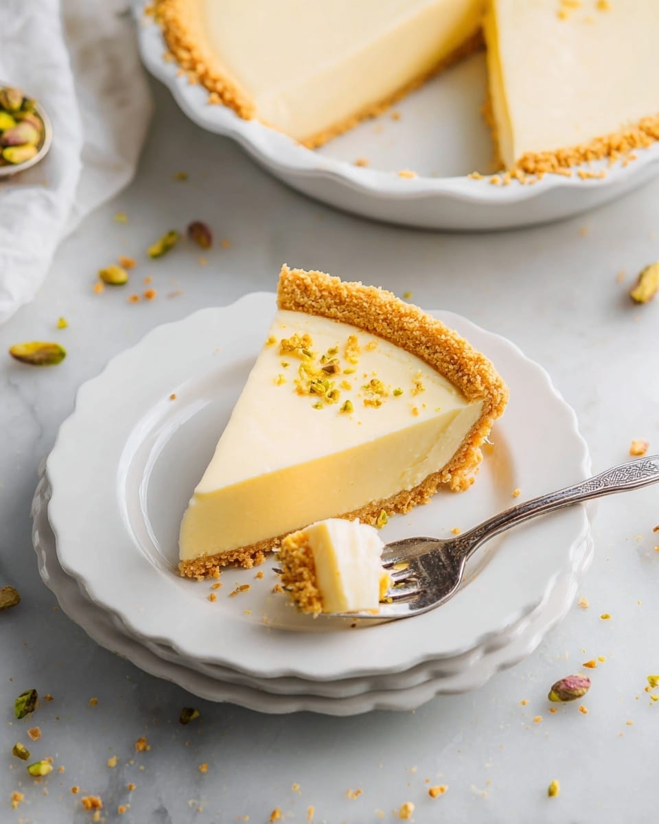 The image shows a slice of light yellow creamy pie with a golden crumbly crust on a white plate with a scalloped edge. The pie slice has two layers: a smooth creamy top layer and a thick crispy crust layer at the bottom and around the edge. A silver fork also on the plate holds a small piece of the pie showing the same creamy and crumbly texture. Around the plate on a white marbled surface, there are small crumbs and a few pistachio nuts scattered. In the background, part of a whole pie with the same layers on a white plate is visible. Photo taken with an iphone --ar 4:5 --v 7