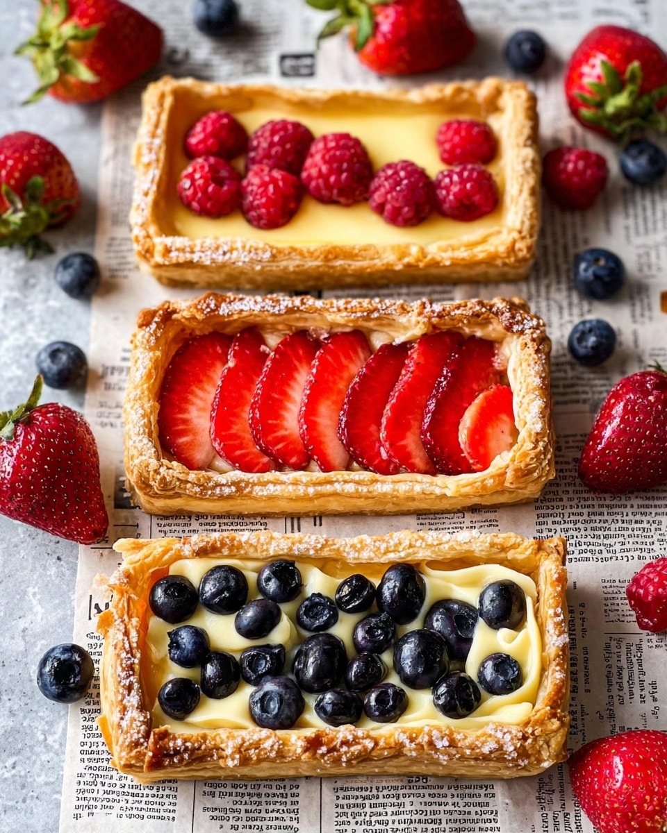 The image shows three rectangular fruit tarts arranged vertically on a white marbled surface covered with newspaper print. Each tart has a golden-brown puff pastry crust with a sugar-coated, slightly rough texture on the edges. The top tart is filled with pale yellow cream and topped with bright red raspberries, evenly spaced. The middle tart also has cream filling but is covered with neatly layered slices of red strawberries. The bottom tart features the same cream base but is decorated with dark blue, round blueberries spread across the top. Around the tarts are scattered fresh strawberries, raspberries, and blueberries, adding color contrast to the scene. photo taken with an iphone --ar 4:5 --v 7