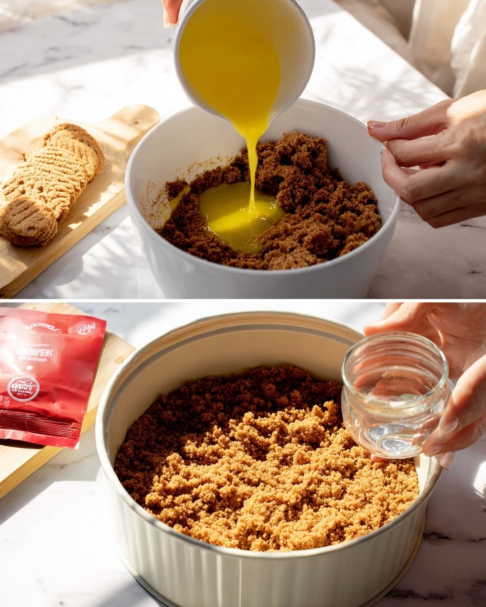 The image shows a process of making a crumb base for a dessert in two close-up views. On the left, a woman's hand is pouring a bright yellow liquid, likely melted butter, from a small white cup into a white ceramic bowl filled with coarse brown crumbs and chunks of biscuits. The bowl sits on a white marbled surface with a packet of red biscuits and some whole biscuits on a wooden board nearby. On the right, the crumb mixture, now inside a white round cake pan, is being pressed down flat and evenly by a woman's hand using a small clear glass. The crumb mixture is light to medium brown with a rough texture, tightly packed against the pan's bottom. The setting is bright with natural light and the background shows the white marbled surface. photo taken with an iphone --ar 4:5 --v 7