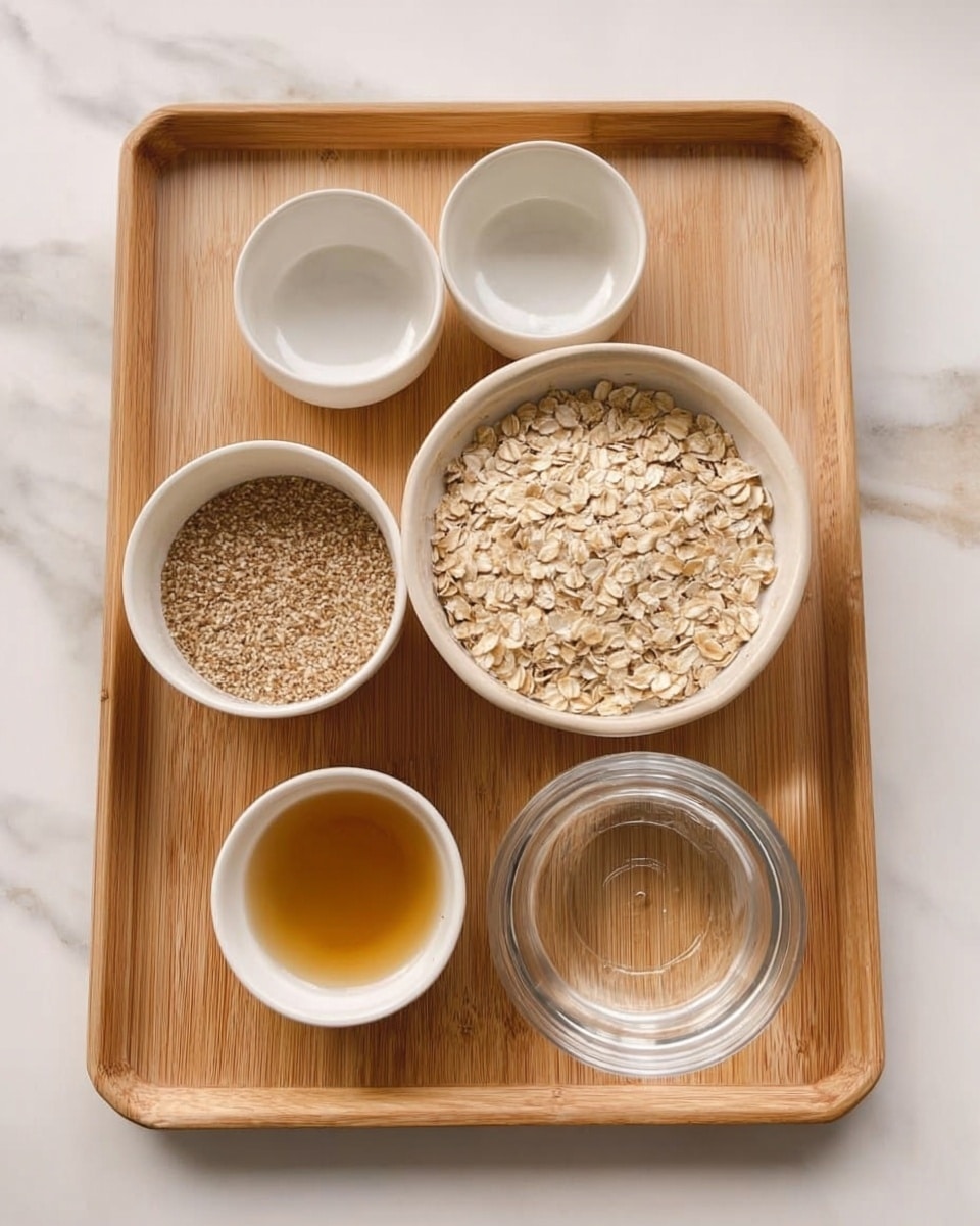 A wooden tray holds five white bowls and one glass bowl, each filled with different ingredients. The largest white bowl is filled with beige rolled oats with a rough texture, sitting near the center of the tray. To its left, a smaller white bowl contains light brown ground flax seeds. At the top of the tray, two small white bowls sit side by side; both are empty with smooth surfaces. On the bottom right corner, a medium clear glass bowl is filled with water, showing a shiny, smooth surface reflecting light. A tiny white bowl near the bottom center holds golden brown liquid, smooth and glossy. The tray rests on a white marbled surface. photo taken with an iphone --ar 4:5 --v 7