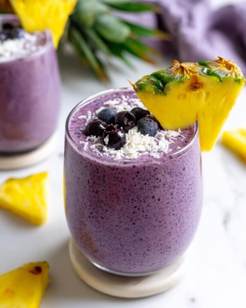 The image shows a clear glass filled with a thick, purple smoothie that has a creamy texture. On top of the smoothie, there are a few small dark blueberries and a light sprinkle of shredded white coconut. A bright yellow pineapple wedge with green edges is placed on the rim of the glass. The glass sits on a white coaster, and the background is a white marbled surface with some pieces of pineapple and blurred purple cloth in the background. Photo taken with an iphone --ar 4:5 --v 7