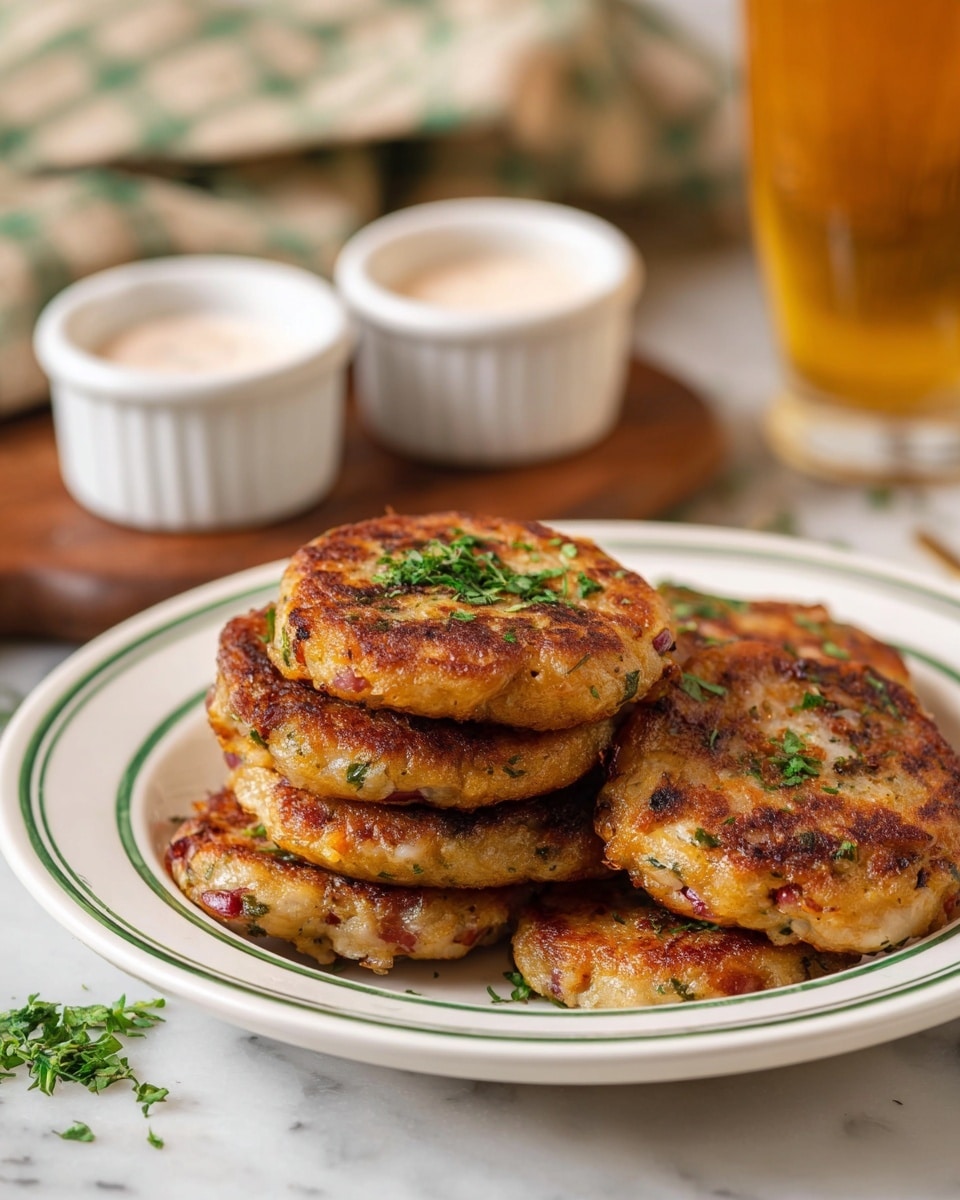 A white plate with a green floral rim holds a stack of eight golden-brown patties, each speckled with bits of red and green herbs, and showing a slightly crispy texture. Next to it, a woman’s hand is partially visible reaching out toward the plate. Nearby, a white bowl filled with thick white sauce sits on a wooden board with a white and green checkered towel partially covering it. Another white bowl contains an orange-colored sauce, and part of a white bowl filled with more patties is seen at the top right. The scene is set on a white marbled surface with two gold forks placed at the bottom left corner. photo taken with an iphone --ar 4:5 --v 7