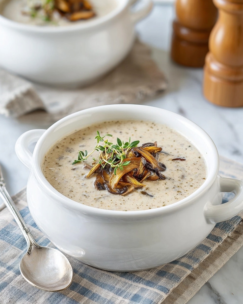 Two white bowls with handles, filled with creamy beige mushroom soup. The soup has visible slices of light brown mushrooms mixed inside, topped with golden brown croutons arranged in the center and a small green herb sprig on top. The bowls rest on a white marbled surface with a soft blue and white checked cloth nearby, and there are three vintage silver spoons to the left side. Photo taken with an iphone --ar 4:5 --v 7