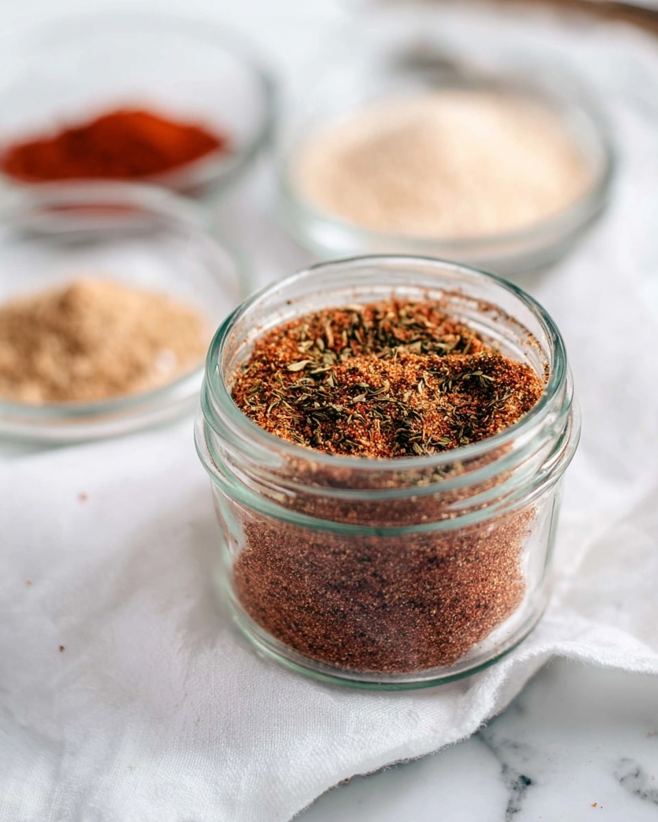 A clear glass jar filled with a dry spice mix showing a coarse reddish-brown texture with visible dark green herb pieces mixed throughout. The jar sits on a white cloth on top of a white marbled surface. In the softly blurred background, three small clear glass bowls hold different spices: one with a paprika red powder, one with a beige powder, and one with a white powder. The lighting is soft and natural, highlighting the texture and colors of the spices photo taken with an iphone --ar 4:5 --v 7