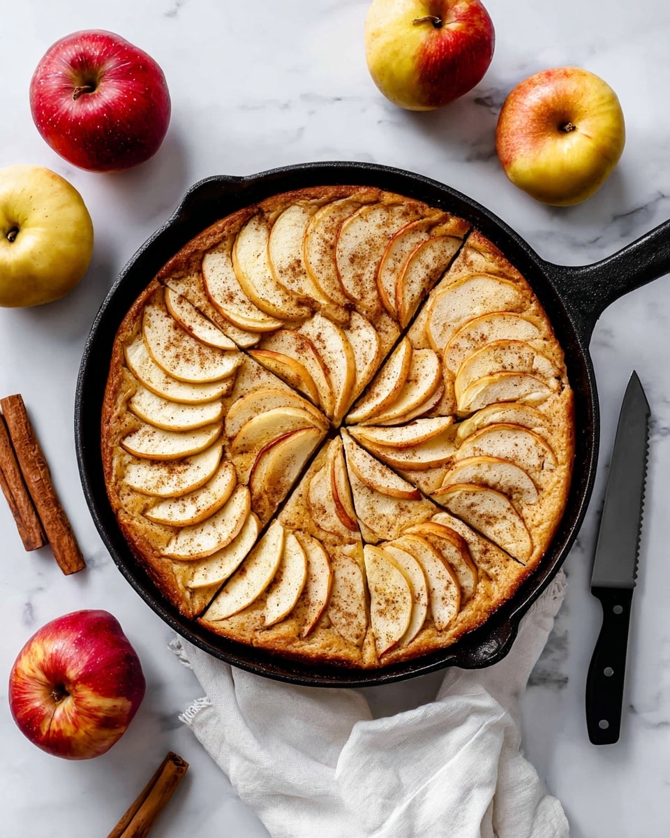 A round apple tart is shown in a black cast iron pan placed on a white marbled surface. The tart has multiple pale golden apple slices arranged in concentric circles, each slice slightly overlapping the next, covering the entire top layer. The apples have a light dusting of cinnamon giving a speckled brown texture across the slices. The tart is pre-sliced into eight even triangular pieces radiating from the center. Around the pan, there are several fresh whole apples in shades of red and yellow, a cinnamon stick, a serrated knife with a black handle, and a white cloth with folds. Photo taken with an iphone --ar 4:5 --v 7