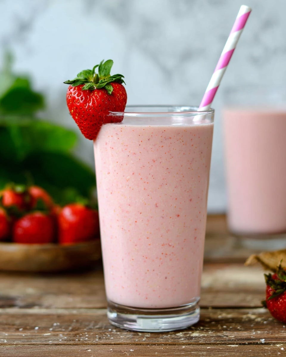 A tall clear glass filled with a smooth light pink strawberry smoothie shows tiny red specks all over. On the rim of the glass sits a bright red strawberry with green leaves. A pink and white striped paper straw sticks out from the smoothie near the strawberry. The glass stands on a wooden surface with a white marbled background, and there are blurred elements of another smoothie glass and green leaves in the background. Photo taken with an iphone --ar 4:5 --v 7