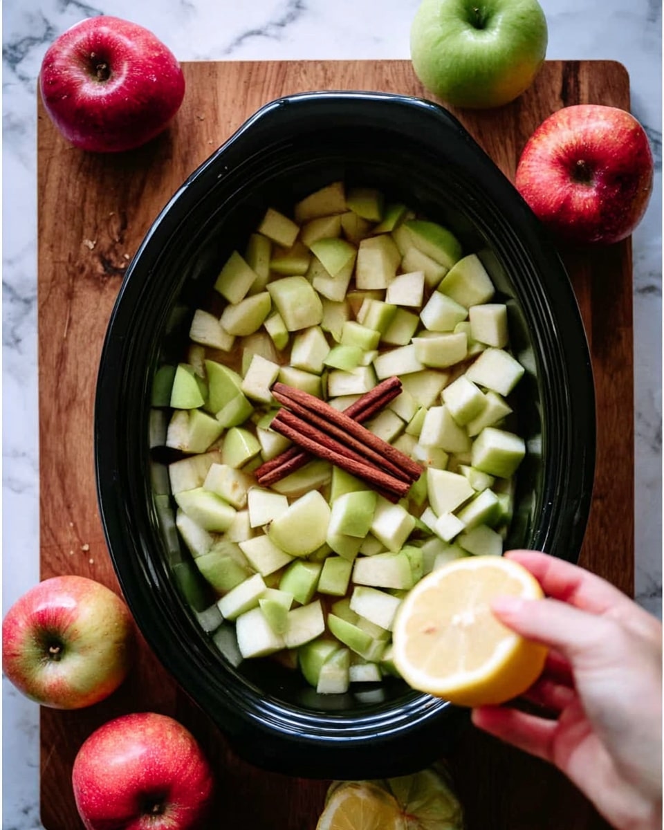 The image shows a black oval dish filled with many small, light green and off-white apple pieces, roughly uniform in size. On top of the fruit are three whole cinnamon sticks arranged in a small cluster in the center. A woman's hand is squeezing half a lemon over the apples from the bottom left corner of the dish. Surrounding the dish are whole apples with red and green skins resting on a wooden surface. The overall scene is bright and natural, with the black dish contrasting with the light apple pieces and cinnamon. The background is a white marbled texture. Photo taken with an iphone --ar 4:5 --v 7