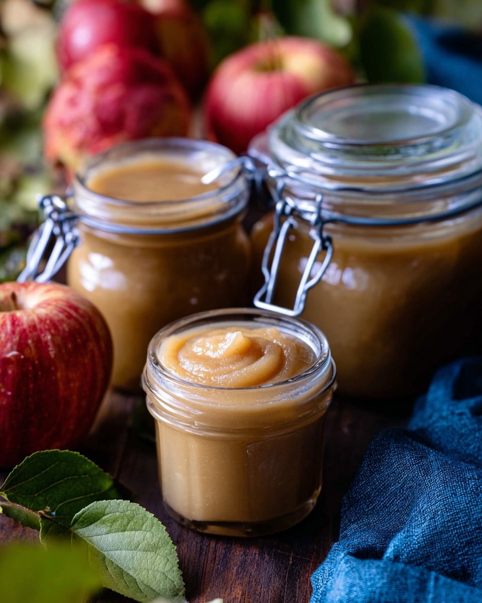 The image shows three glass jars filled with smooth, light brown applesauce with a creamy texture. One small jar is open in the front, showing a swirl pattern on its surface. Behind it, two larger jars are sealed with metal clasps and clear lids. Red apples with shiny skin and a few green leaves are placed around the jars. The jars sit on a dark wooden surface, and a blue cloth is draped nearby. The background is softly blurred with natural lighting. Photo taken with an iphone --ar 4:5 --v 7