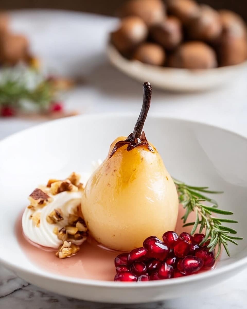 Three white plates each hold a poached pear with a light tan color and intact stem, sitting on a creamy white sauce. Around the pears is a splash of pinkish-red liquid with clusters of bright red cranberries and small green rosemary sprigs. Toasted nut pieces are scattered on the cream. The plates are on a white marbled texture surface with pine leaves and pine cones nearby. Two vintage silver spoons lie to the side. The scene is bright and fresh with a natural feel. photo taken with an iphone --ar 4:5 --v 7