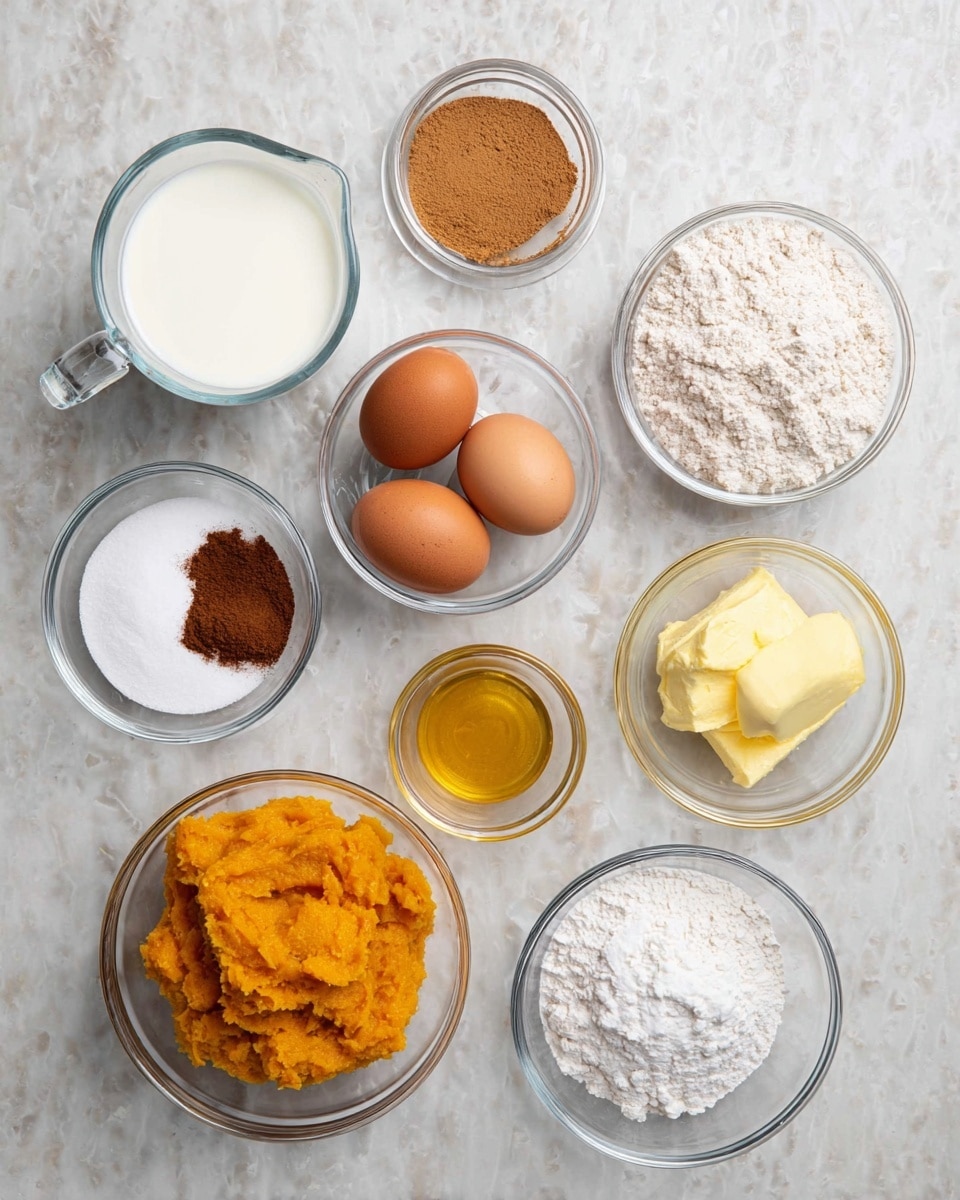 The image shows eight clear glass bowls arranged on a white marbled texture. From left to right, top to bottom: a glass measuring cup with white milk, a small bowl of golden brown sugar, a small bowl with brown cocoa powder, white baking powder, and salt, a bowl holding two brown eggs, a bowl of melted yellow butter, a bowl of white flour, a bowl of orange mashed pumpkin, and a small bowl of golden vanilla extract. All bowls have different textures: dry powders, liquid, and soft mashed pumpkin. photo taken with an iphone --ar 4:5 --v 7