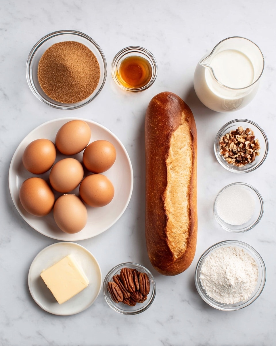 A white plate holds six brown eggs arranged in a circle in the bottom left of the image. Above the plate is a small glass bowl filled with brown sugar, and to its right is a small glass bowl with amber-colored vanilla extract. In the center right stands a golden-brown loaf of bread with a long split down the middle. Surrounding the bread on the white marbled surface are small glass bowls containing a square piece of butter, ground cinnamon, chopped pecans, and a bowl of white granulated sugar. To the far right is a clear glass jug filled with milk, completing the arrangement on the white marbled background. photo taken with an iphone --ar 4:5 --v 7