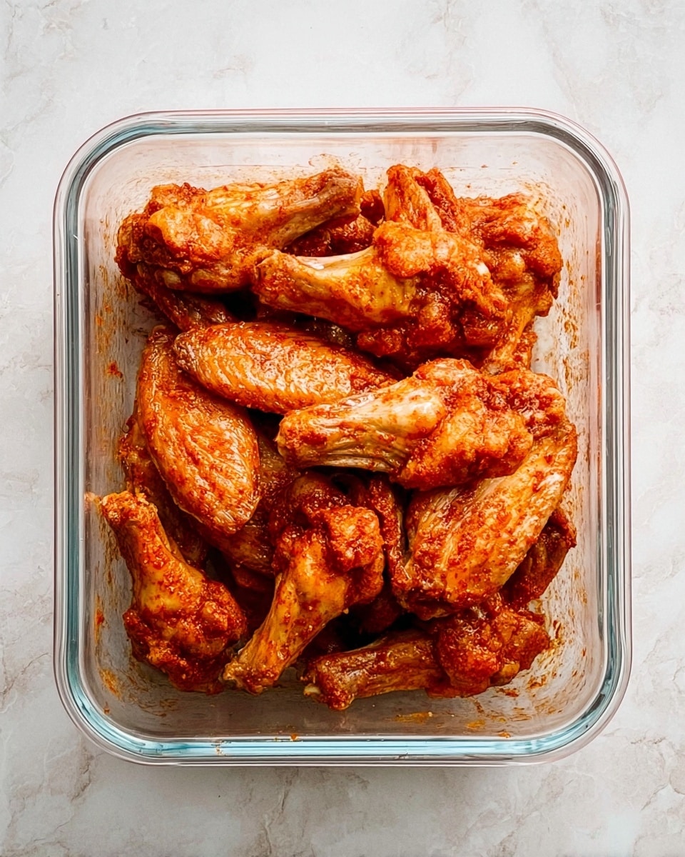 A glass rectangular container filled with raw chicken wings coated in a reddish spice mix, arranged closely together with some overlapping, sitting on a white marbled surface photo taken with an iphone --ar 4:5 --v 7
