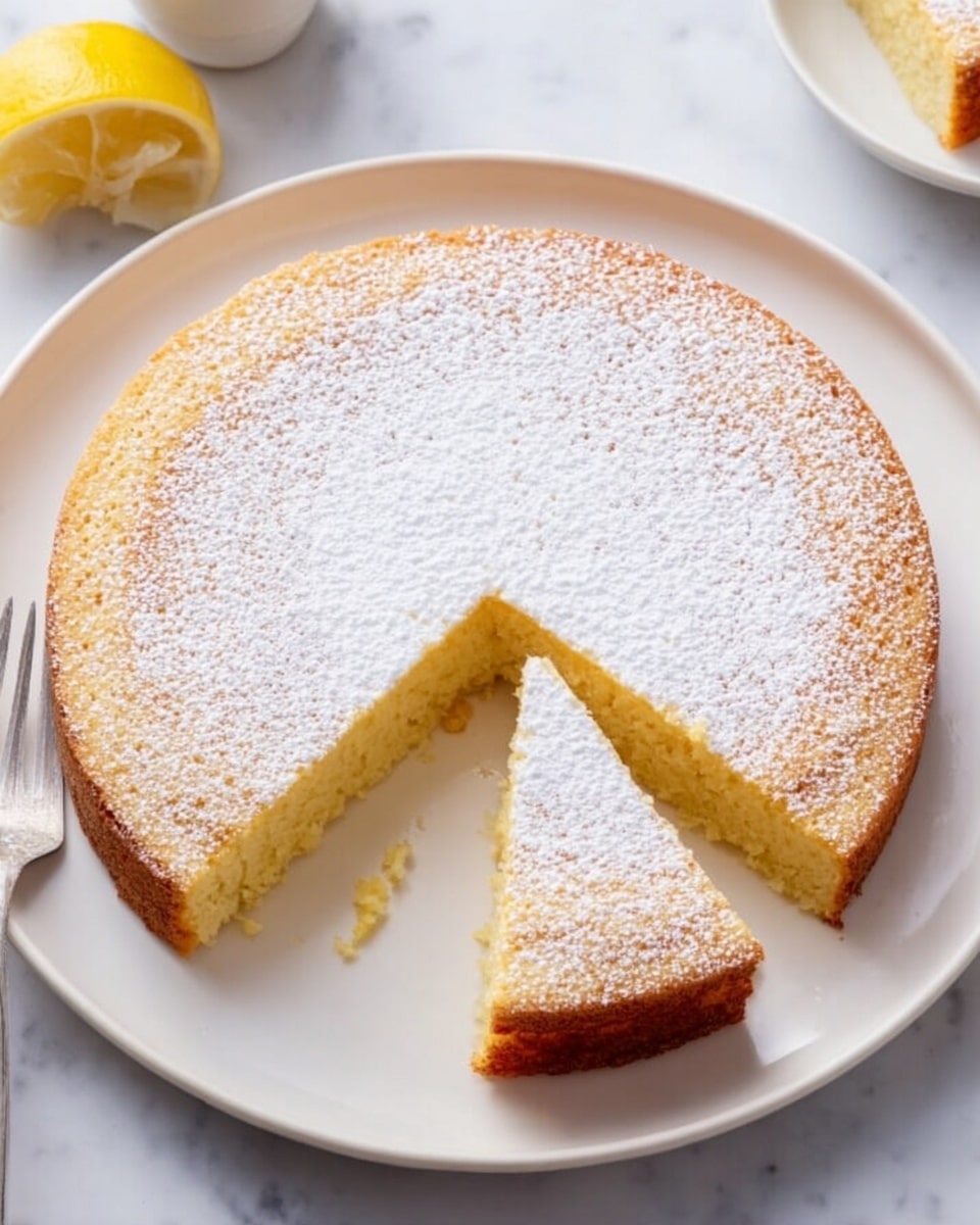 A single-layer round cake with a light golden-brown top, dusted evenly with a thin layer of white powdered sugar. One wedge slice is removed and placed slightly apart, showing the soft, pale yellow inside texture. The cake sits on a white plate, placed on a white marbled surface. A lemon half is partially visible at the top left corner. photo taken with an iphone --ar 4:5 --v 7