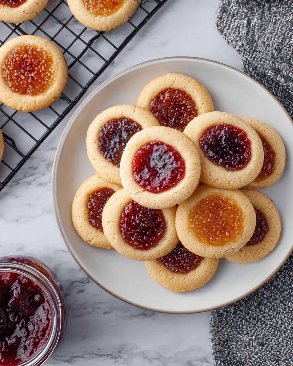 A white plate holds a stack of round cookies with light brown edges and a smooth texture. Each cookie has a single layer of shiny, thick jam in the middle, varying in color between deep red, dark purple, and golden orange. The jam's texture looks smooth but slightly bumpy with visible seeds in some cookies. The cookies are piled casually on each other, showing their circular shape and soft crumb texture clearly. The plate is set on a white marbled surface. photo taken with an iphone --ar 4:5 --v 7