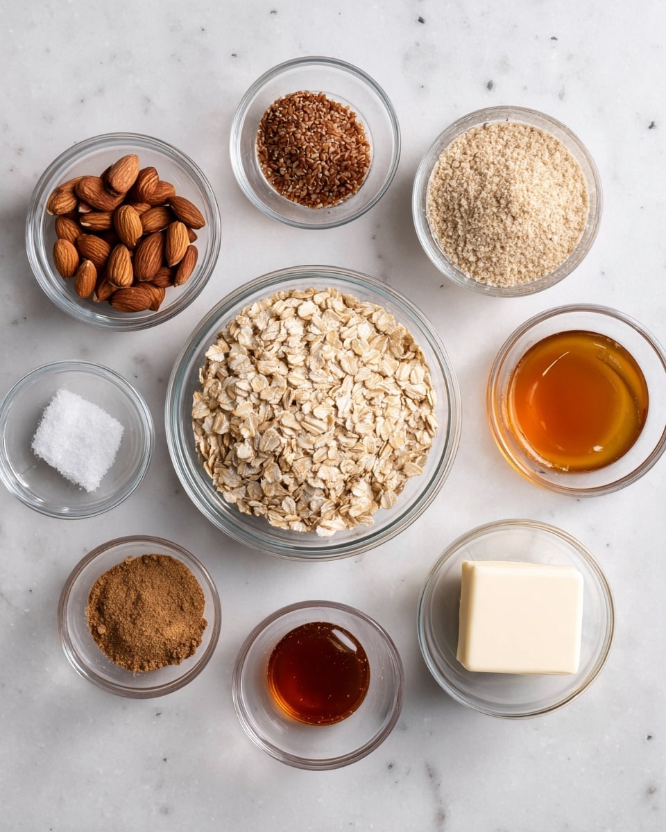 The image shows eight clear glass bowls arranged on a white marbled surface. The largest bowl in the center is filled with light beige rolled oats. Around it are smaller bowls: one with whole brown almonds, one with light brown brown sugar, one with light tan ground flaxseeds, one with dark amber maple syrup, one with golden honey, one with a brown and white mix of cinnamon and salt, and one with a white cube of butter. All bowls are evenly spaced, highlighting the natural colors and textures of the ingredients. photo taken with an iphone --ar 4:5 --v 7