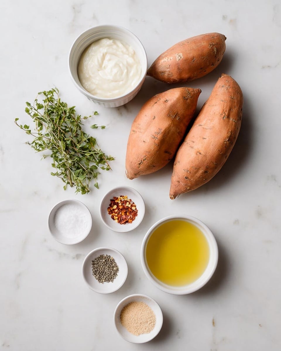 The image shows three whole sweet potatoes, light brown-orange in color, placed on a white marbled surface. Above them is a small white bowl filled with a creamy white sauce. Below the sweet potatoes, there is a larger white bowl with golden yellow oil. Surrounding these are five small white bowls; one with a light beige powder, one with fresh green herb sprigs, one with red chili flakes, one with coarse salt and black pepper, and one with a light tan powder. The arrangement is neat and spaced out. Photo taken with an iphone --ar 4:5 --v 7