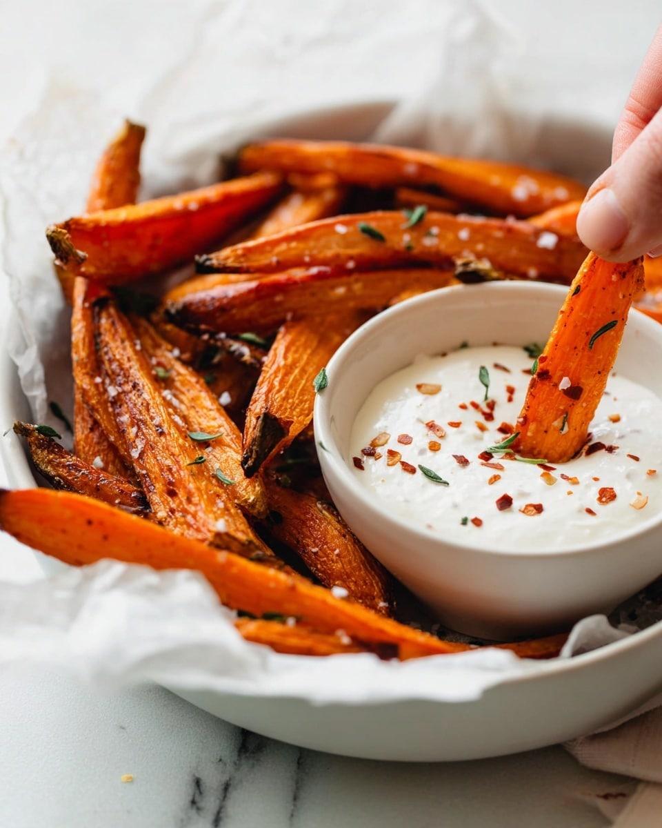 A white bowl filled with long roasted orange carrot sticks arranged around a smaller white bowl of creamy white dip with red spice flakes sprinkled on top. One carrot stick is dipped halfway inside the dip, held by a woman's hand. The carrot sticks have a slightly wrinkled, roasted texture with small green herb sprigs and coarse salt visible on them. The bowls sit on crumpled white paper over a white marbled surface. The background is light and softly blurred, highlighting the food. photo taken with an iphone --ar 4:5 --v 7