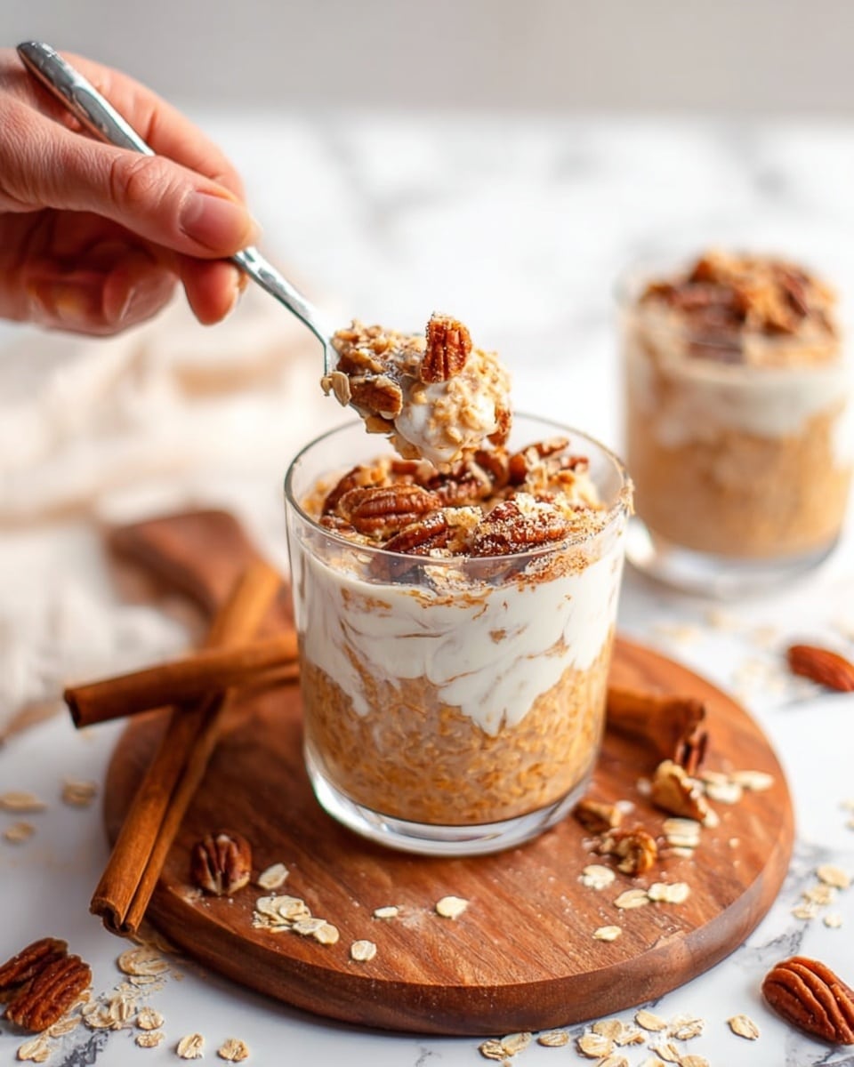 Two clear glasses filled with a creamy, light brown pudding-like dessert sit on a wooden round board. Each glass has a single cinnamon stick standing upright inside. The top layer of the dessert is decorated with a dollop of white cream and sprinkled with chopped pecans. Around the wooden board and on the white marbled surface below, small pieces of pecans and cinnamon sticks are scattered casually. A white cloth is softly draped in the background. photo taken with an iphone --ar 4:5 --v 7