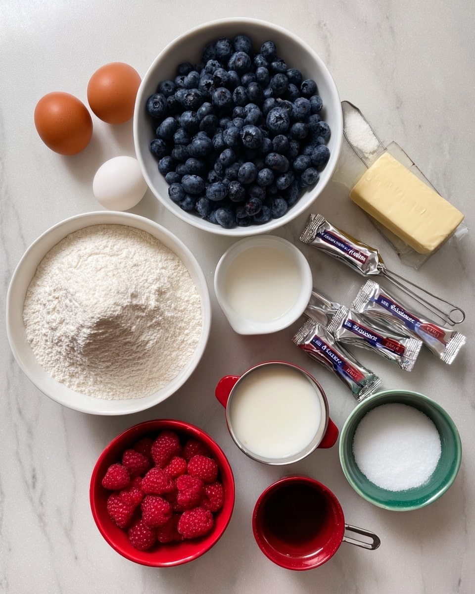 A collection of baking ingredients arranged neatly on a white marbled surface, including two eggs placed near two small silver foil butter packets, a large white bowl filled with fresh blueberries on one side and red raspberries on the other, a white bowl holding flour, two metal measuring cups filled with sugar and milk, a small white cup of yogurt, and three small bowls holding vanilla extract (blue bowl), baking powder with salt (red bowl), and salt (green bowl). Each item is clearly visible and spaced out with a clean background. Photo taken with an iphone --ar 4:5 --v 7