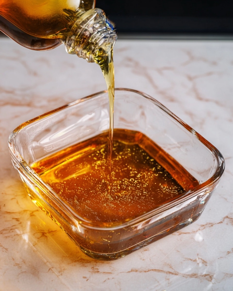 A clear glass square dish is placed on a white marbled surface. Inside the dish, a thick golden liquid is being poured from a bottle, creating a glossy, smooth layer that covers the bottom of the dish. The liquid has a shiny texture with small bubbles visible, and the bottle is tilted with the liquid flowing in a thin, continuous stream. The photo taken with an iphone --ar 4:5 --v 7