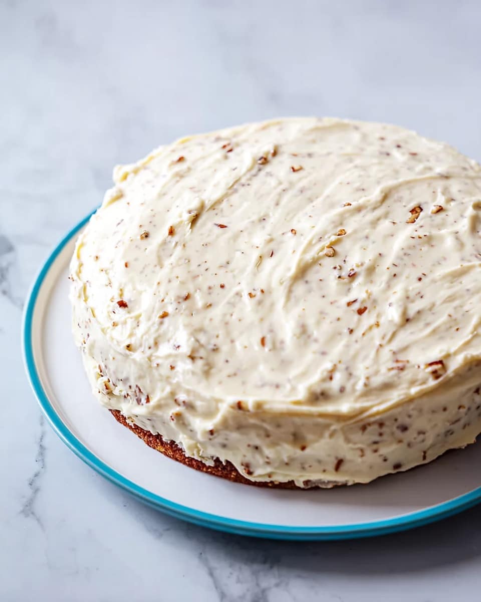 A single-layer round cake sits on a white plate with a blue rim, placed on a white marbled surface. The cake is covered with a thick layer of creamy white frosting that has small nut or spice bits mixed throughout, giving it a textured look. Part of the cake's right side shows the frosting slightly spilling over the edge. The top surface is uneven with visible spreading marks in the frosting. Photo taken with an iphone --ar 4:5 --v 7