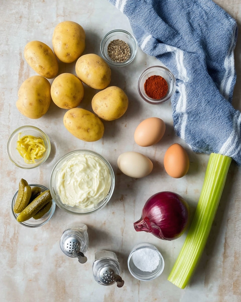 The image shows various raw ingredients arranged neatly on a white marbled surface. There are five yellow potatoes grouped on the top left, with a small glass bowl of pepper above them and another small glass bowl of red spice below the pepper. To the right of the spices are three eggs in different shades of brown and white. Below the eggs is one whole red onion. On the bottom right is a single green celery stalk laying diagonally. Near the celery is a clear salt shaker and a small glass bowl of white salt. On the left side of the image, there is a small glass bowl of green pickles, a small glass bowl of mustard, and a small glass container of oil, all placed near a blue and white striped cloth. A clear bowl filled with white creamy mayonnaise sits near the center. The overall look is organized and clean, with a clear view of each ingredient in a casual, kitchen style photo taken with an iphone --ar 4:5 --v 7