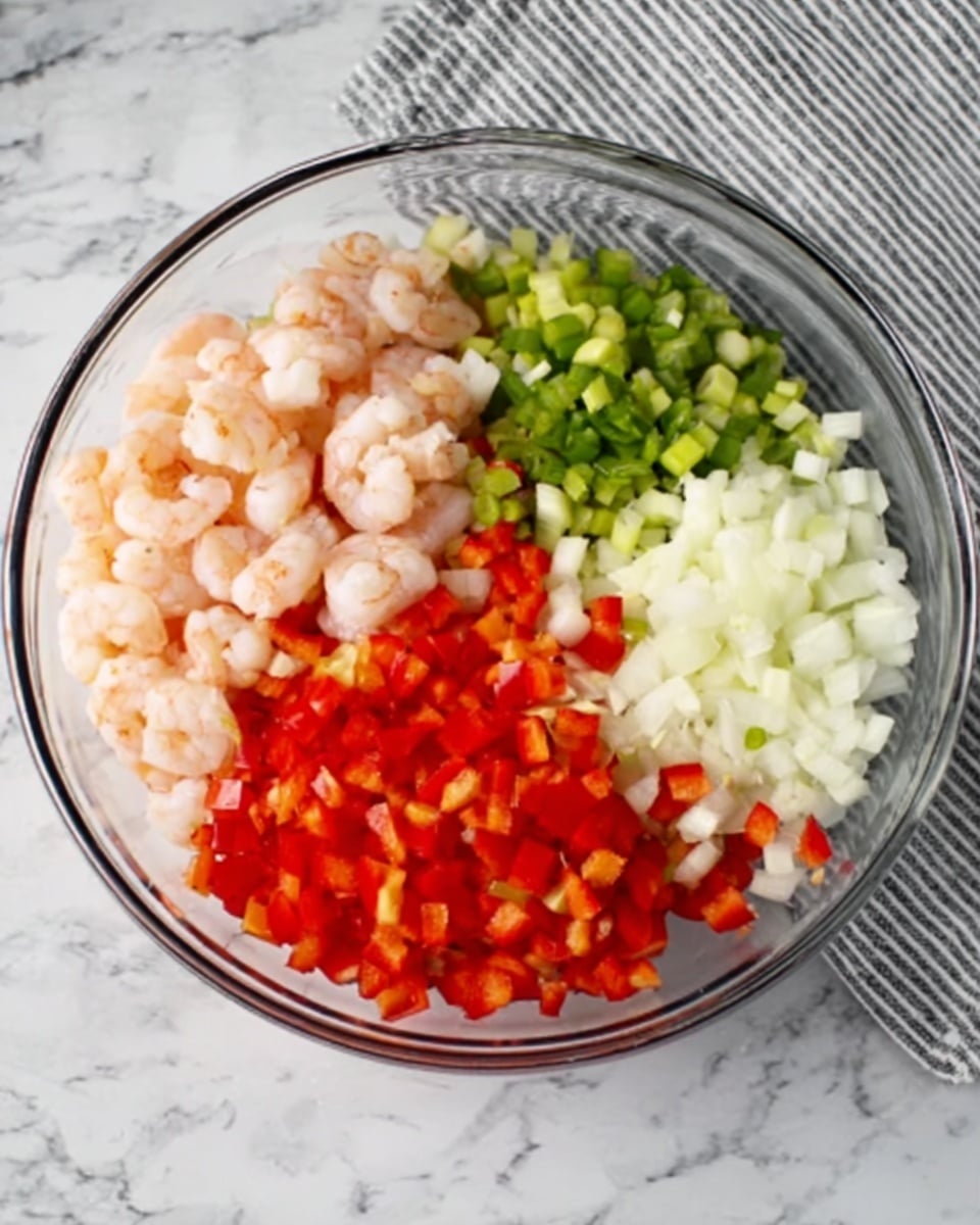 A clear glass bowl contains an arranged mix of chopped ingredients in four sections: small pink shrimp in the top left, finely chopped green onions in the top center, bright red chopped bell peppers in the top right, and small white diced onions in the bottom right. The bowl sits on a white marbled surface, with a striped cloth partially visible to the right. Photo taken with an iphone --ar 4:5 --v 7