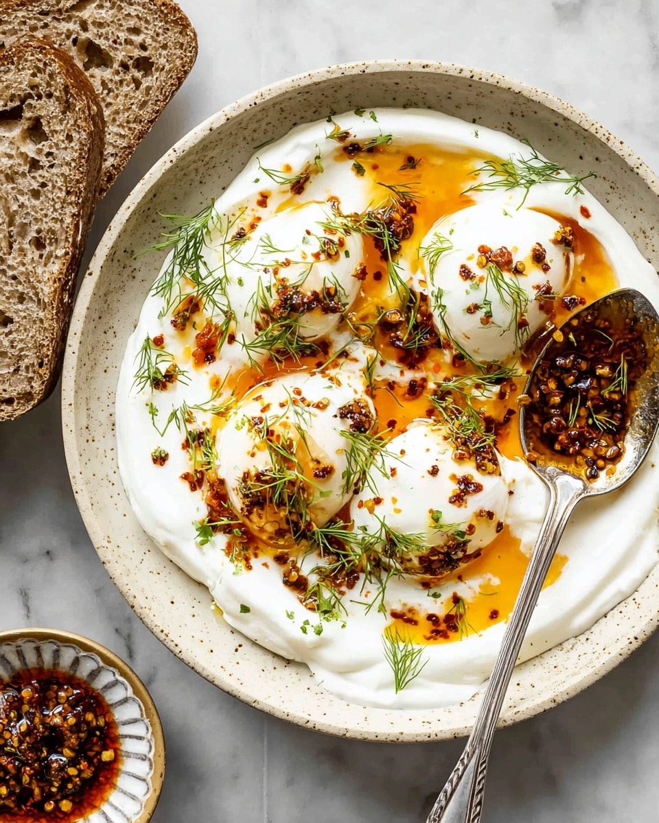 A white plate with two poached eggs in the center, their soft white surfaces broken to reveal bright orange yolks oozing out, spread over a thick white yogurt sauce base lightly speckled with green herbs. The yogurt layer covers most of the plate, with streaks of bright red-orange chili oil drizzled around the eggs, adding contrast and texture. Finely chopped green herbs are scattered on top, adding fresh color. A slice of whole grain brown bread rests on the left side of the plate, leaning against the yogurt and eggs. A gold spoon is placed diagonally at the bottom left edge of the plate, partly resting on the yogurt. The plate is set on a white marbled surface with a beige cloth napkin partially visible nearby. Photo taken with an iphone --ar 4:5 --v 7