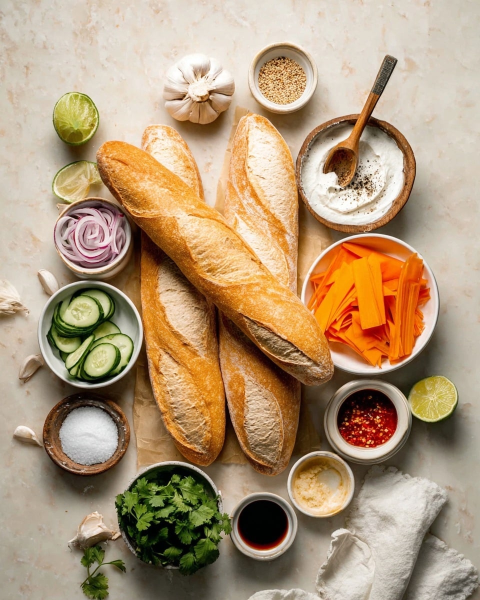 Several long baguettes with a crusty light brown surface are placed in the center on a white marbled background. Around them, there are small white bowls with different ingredients: thin bright orange carrot strips in a large bowl with a small spoon dusted with black pepper resting on top, fresh green cilantro leaves in a bowl with a wooden handle, thin white radish strips in another bowl, and round cucumber slices in a separate bowl. There are also small bowls filled with a pale powder, white granulated sugar, chopped red chili, salt, and various light and dark sauces. In addition, there is half a lime, three garlic cloves, and a white cloth near the bread. photo taken with an iphone --ar 4:5 --v 7