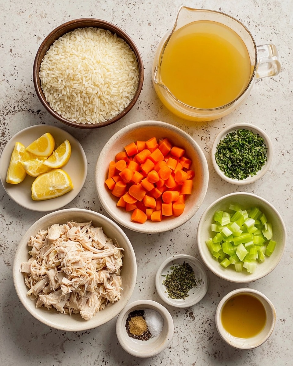The image shows several white bowls arranged neatly on a white marbled surface, each containing different ingredients for cooking. Starting from the bottom left, there is a bowl filled with shredded light beige cooked chicken, next to it is a bowl with bright orange diced carrots, and to the right is a bowl with chopped pale green celery. Above these, a larger white bowl contains chopped white onions. To the left of this, a brown bowl holds uncooked white rice grains. Near the top, a clear glass pitcher is filled with golden yellow broth. Next to it, a small white dish contains salt and black pepper. Nearby, a small beige plate has four lemon wedges and some green herbs. To the right, two small white bowls hold minced pale garlic and finely chopped green herbs, and further right, a white bowl contains a light golden liquid, likely oil. Everything is arranged cleanly and clearly with soft natural light. photo taken with an iphone --ar 4:5 --v 7