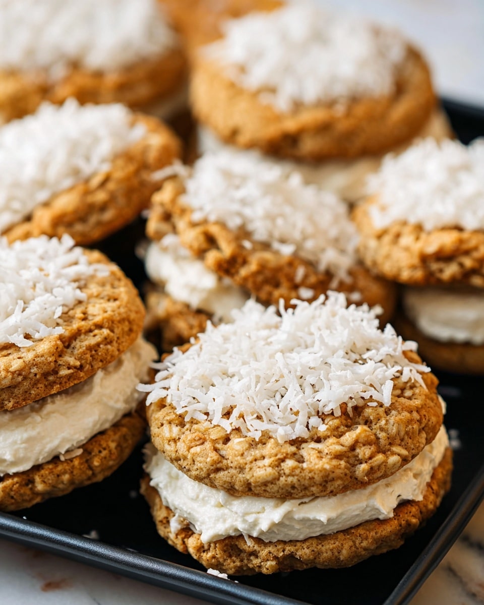 The image shows seven oatmeal cookie sandwiches arranged on a dark round tray with a decorative edge and handle. Each sandwich has two golden-brown oatmeal cookies with a rough, chunky texture and a thick white cream filling in the middle, which is rolled in white shredded coconut that sticks out around the edges. The tray is set on a surface with a white marbled texture. In the background, there is a tall glass of milk and some shredded coconut scattered on the surface. The photo has warm lighting, highlighting the textures of the cookies and coconut. photo taken with an iphone --ar 4:5 --v 7
