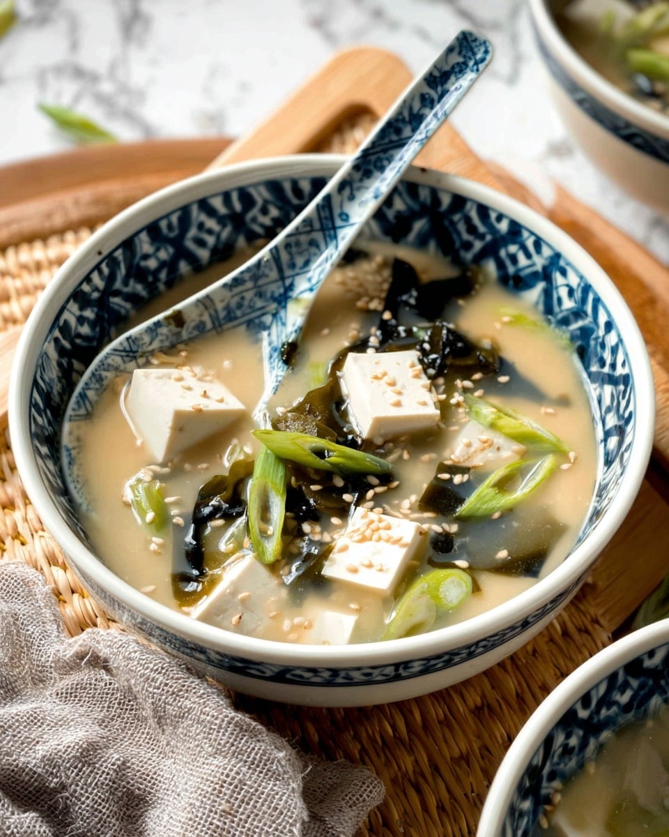 A white bowl with blue patterns around the edge holds a light beige soup. Inside the soup are several soft white tofu cubes, thin black seaweed strips, green slices of scallion, and white sesame seeds floating on top. A matching ceramic spoon with blue and white patterns rests in the bowl. The bowl is placed on a wooden board with a beige woven mat underneath, and a gray cloth is partially visible next to it. The background is a white marbled texture. photo taken with an iphone --ar 4:5 --v 7