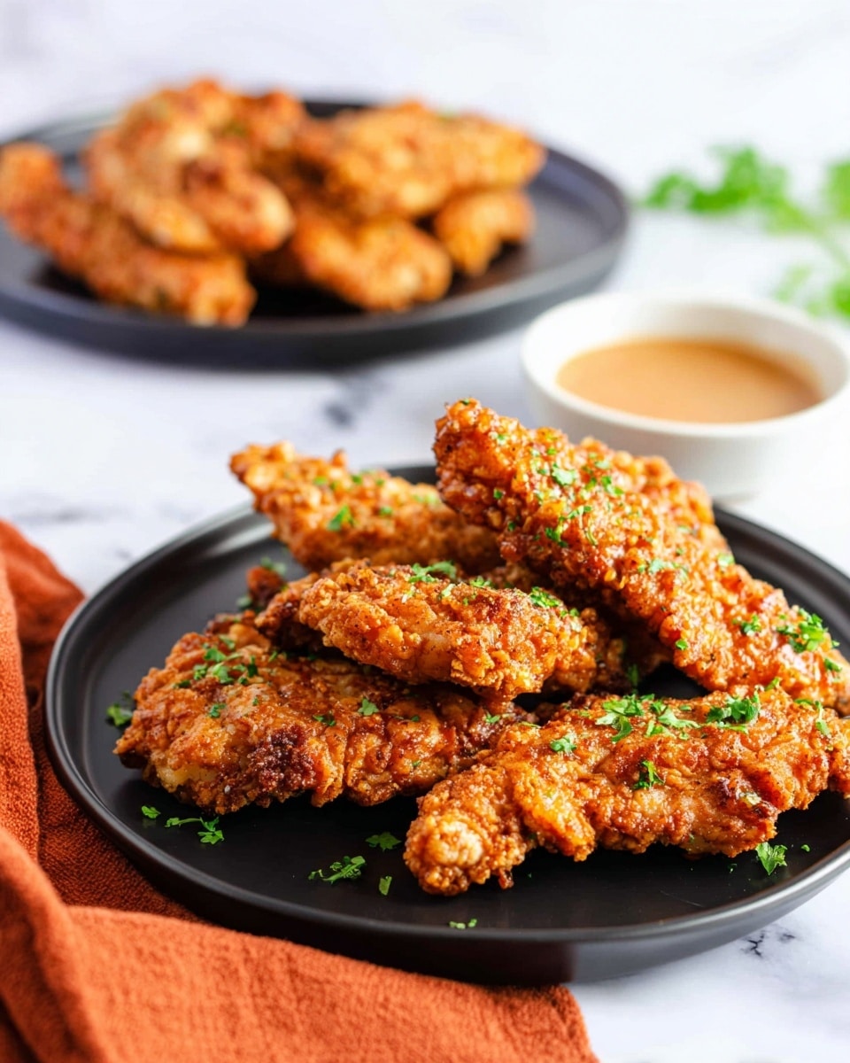 The image shows a black plate placed on a white marbled surface, filled with five pieces of crispy fried chicken tenders layered in a scattered, overlapping way. The chicken is golden brown with a crunchy texture and small bits of green cilantro sprinkled over each piece, adding a fresh touch of color. In the background, there is another black plate with more chicken tenders, slightly out of focus, and a white bowl filled with a light brown dipping sauce sitting on an orange cloth, all set against a white background. Photo taken with an iphone --ar 4:5 --v 7