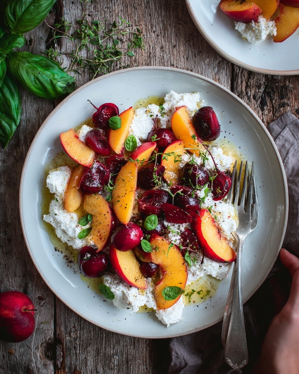 The dish is a colorful fruit and cheese salad served on a white plate. The base layer consists of soft, white cheese spread across the plate with a slightly creamy texture. On top, there are bright yellow-orange peach slices and deep red cherries, some whole and some halved, adding rich, juicy textures. Fresh green herb leaves are scattered over the fruit and cheese, giving a fresh, lively contrast. The dish is lightly sprinkled with coarse black pepper for a hint of seasoning. A black fork is placed on the right side of the plate. The setting includes a wooden table and another similar salad plate in the background, all placed on a white marbled surface. photo taken with an iphone --ar 4:5 --v 7