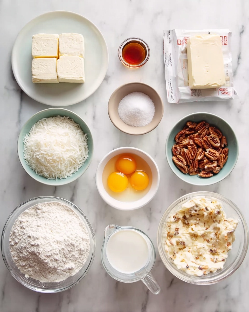The image shows a white marbled surface with eleven bowls and containers arranged neatly, each holding different baking ingredients. There is a white plate with two blocks of cream cheese on the top left, a small clear bowl with salt next to a glass with maple syrup, and a rectangular wrapped stick of butter placed horizontally. Below, there is a medium white bowl filled with sugar, a small clear bowl of four egg yolks, and a brown bowl of shredded coconut. In the bottom left, there is a white bowl with flour, a larger clear glass bowl with egg whites below it, and a clear measuring cup filled with milk nearby. On the bottom right, a white bowl contains a cream cheese mixture with bits of pecans, and above it, a small clear bowl holds whole pecans. Everything is cleanly placed on the white marbled surface photo taken with an iphone --ar 4:5 --v 7