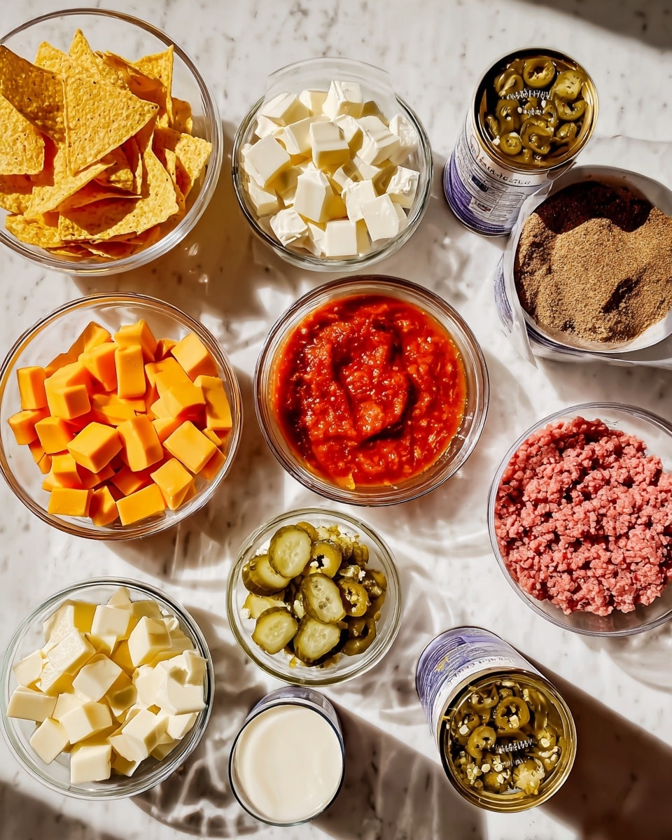 The image shows a white marbled surface with several clear glass bowls and a few open cans arranged neatly. The bowls contain different ingredients in separate portions: yellow and blue tortilla chips in one bowl, diced white cheese in two bowls, diced orange cheese in one bowl, chopped pickles in three bowls, a chunky red tomato sauce in a larger bowl, a brown spice mix in a small bowl, and raw ground meat in another bowl. There is also a can filled with white liquid and two half-opened cans with greenish chopped jalapeños. The items are laid out in an organized way in natural light. photo taken with an iphone --ar 4:5 --v 7