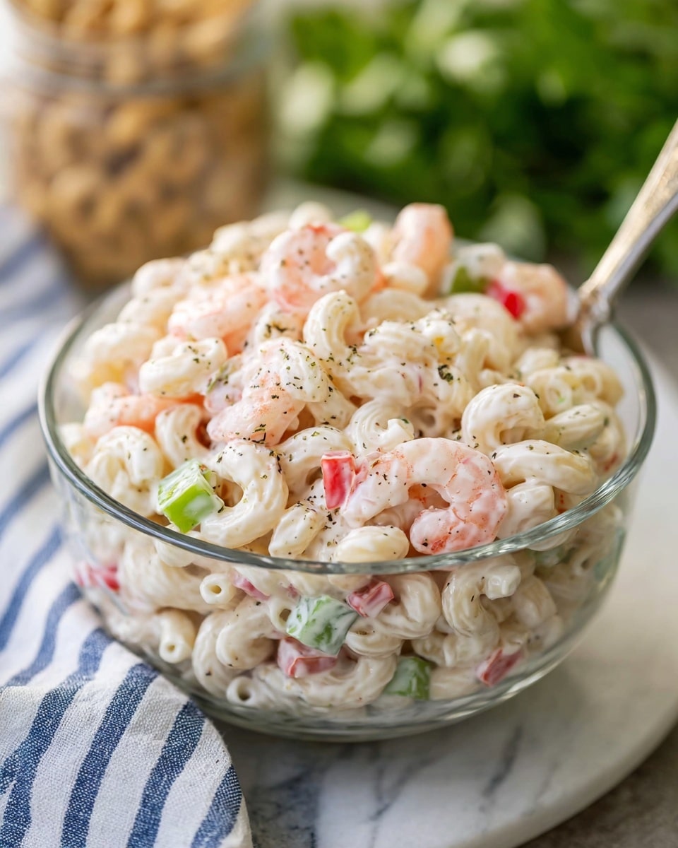 A clear glass bowl filled with creamy pasta salad made of elbow macaroni coated in white dressing, mixed with small pink shrimp, bright green celery pieces, and bits of red bell pepper, all lightly sprinkled with black pepper. A silver spoon is partially visible inside the bowl. The bowl is placed on a white marbled surface with a blue and white striped cloth beside it, and blurred green leafy herbs and a jar in the background. Photo taken with an iphone --ar 4:5 --v 7