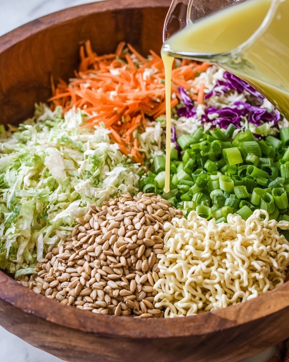 A large wooden bowl holds a colorful mixture of ingredients divided into clear sections. On the left side, there is a pile of tan sunflower seeds with a rough texture. Next to it, there is a mix of shredded light green cabbage, thin orange carrot strips, and a few bits of purple cabbage, giving a fresh look in the middle-left part of the bowl. To the right of the veggies, there is a bright green stack of chopped green onions with a smooth cylindrical shape. On the right side, dry, curly, pale yellow ramen noodles form another section. A glass container is pouring a glossy yellow dressing over the ingredients from the top right corner. The bowl sits on a white marbled surface. Photo taken with an iphone --ar 4:5 --v 7