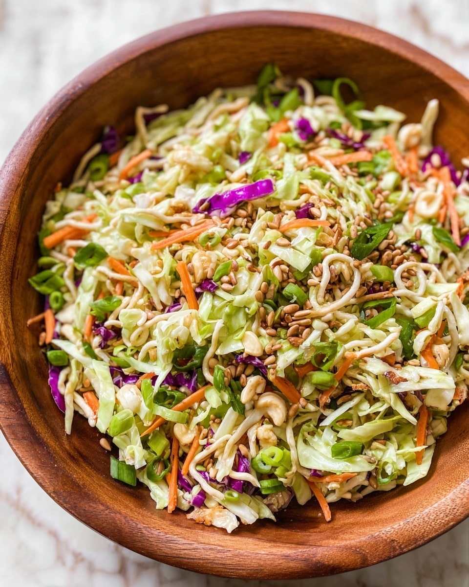 A large wooden bowl filled with a shredded vegetable salad with five visible layers: the base layer is light green thin strips of broccoli stems mixed with orange carrot shreds and thin dark purple cabbage pieces, scattered throughout are small toasted light brown sunflower seeds. On top are broken clusters of off-white, curly dried ramen noodles spread evenly, adding texture. The salad has a fresh, colorful mix of light green, orange, dark purple, and light brown tones, all arranged loosely. The background shows a white marbled texture beneath the bowl. Photo taken with an iphone --ar 4:5 --v 7