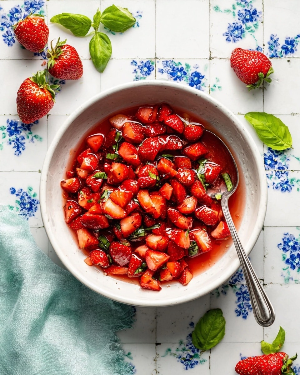 A white bowl filled with chopped bright red strawberries mixed with small dark green basil pieces in a light red syrup. A metal spoon is placed inside the bowl on the right side. The bowl sits on a white marbled surface with blue floral tile patterns, surrounded by whole red strawberries and green basil leaves scattered around. There is a folded pale blue cloth on the left side. The scene is bright and fresh. photo taken with an iphone --ar 4:5 --v 7