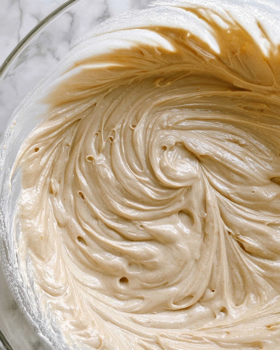 The image shows a close-up view of a thick, creamy mixture with a light beige color in a clear glass bowl. The mixture has smooth swirls and small holes, with soft waves creating a textured surface across the bowl. The background features a white marbled surface, enhancing the light tone of the creamy mixture. Photo taken with an iphone --ar 4:5 --v 7