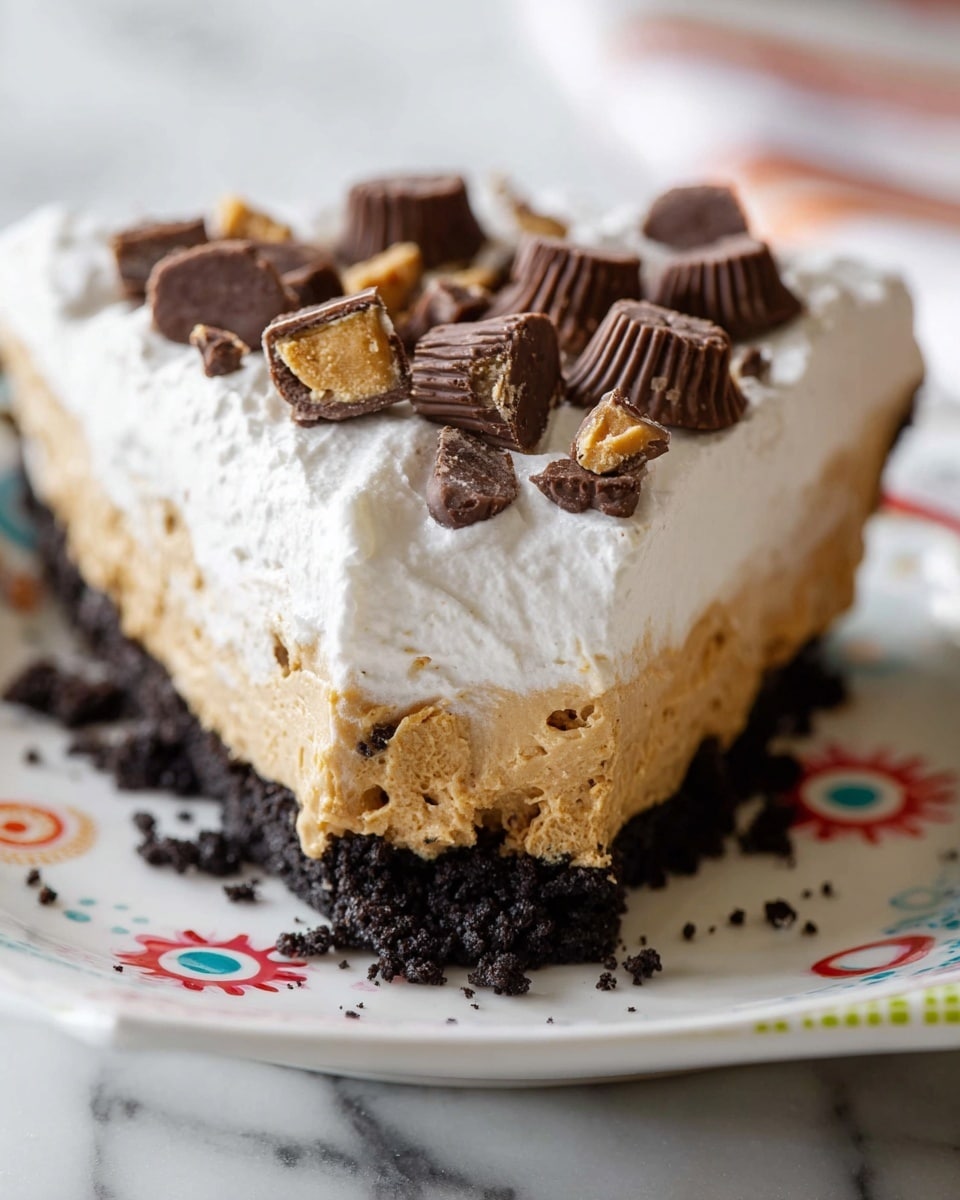This image shows a three-layer dessert on a white plate with colorful patterns and stripes on the edges. The bottom layer is dark and crumbly, made of crushed cookies. The middle layer is thick and creamy with a light brown color, similar to peanut butter. The top layer is fluffy white whipped cream. On top of the whipped cream, there are pieces of chocolate candy cups and broken chocolate sandwich cookies scattered evenly. The plate is placed on a white marbled surface. photo taken with an iphone --ar 4:5 --v 7