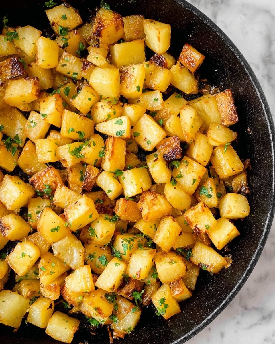 A black cast iron pan filled with evenly cooked golden brown potato cubes, some pieces showing crispy edges and small green parsley bits scattered on top. The pan rests on a white marbled surface, with a textured beige towel peeking in from the lower left corner. A small white dish with fresh green parsley is partially visible in the lower right corner. The overall look is warm and inviting, highlighting the contrast between the black pan and the bright potatoes. photo taken with an iphone --ar 4:5 --v 7