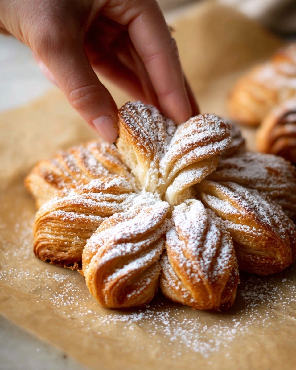 The image shows a fresh, star-shaped pastry with multiple twisted layers creating a flower pattern. There are eight petals, each made up of thin, golden-brown, flaky layers that look soft and crisp at the edges. The pastry is dusted with powdered sugar, adding a light white contrast on top of the golden color. A woman's hand is gently lifting one petal from the star, showing the texture and layers inside. The pastry sits on light brown parchment paper with a softly blurred background. Photo taken with an iphone --ar 4:5 --v 7