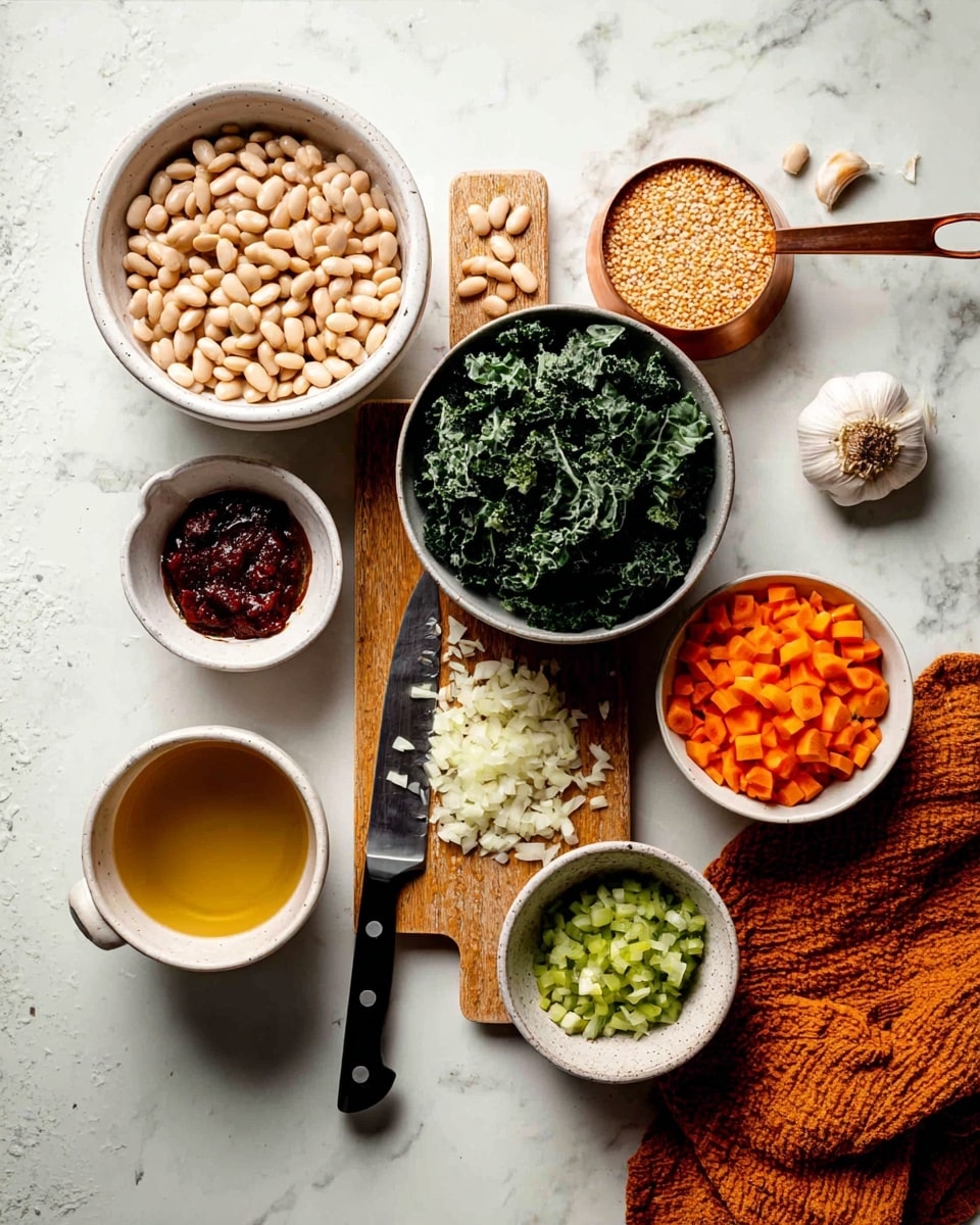 A top view of many ingredients arranged on a white marbled surface, including a white bowl filled with light beige beans on the left, a small white bowl of dark red paste below it, and a small white bowl with light brown paste next to it. In the center, a wooden board holds finely chopped white onions with a black-handled knife resting on top. Above the board, a grey bowl contains dark green chopped kale. To the right, there is a white bowl of bright orange diced carrots and a smaller white bowl with light green chopped celery. Above these, a copper measuring cup with a wooden handle is filled with light brown grains. At the bottom left, a white speckled cup holds clear golden-yellow broth. Two garlic cloves sit near the wooden board, and a textured orange cloth is placed on the bottom right corner. Photo taken with an iphone --ar 4:5 --v 7
