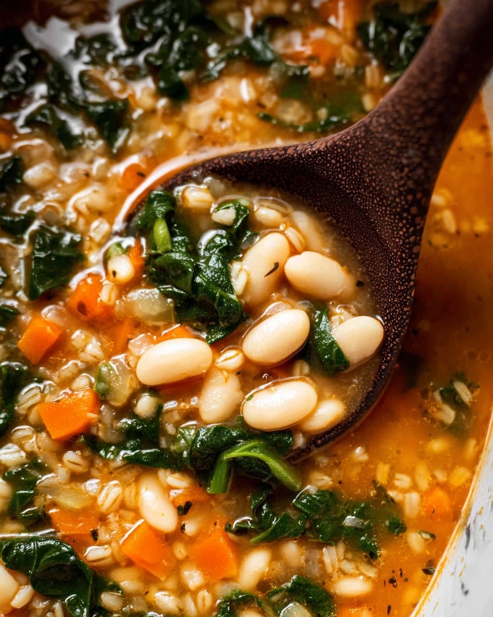A close-up view of a soup showing three layers: the top layer has dark green leafy bits scattered unevenly, the middle layer features large, smooth, white beans mixed with small diced orange carrots and small grains that look like barley, all floating in the bottom layer of light orange broth with a thin, slightly oily texture. A dark brown wooden spoon with a textured surface is partially submerged on the right side, scooping some soup, and the background is a white marbled texture. photo taken with an iphone --ar 4:5 --v 7
