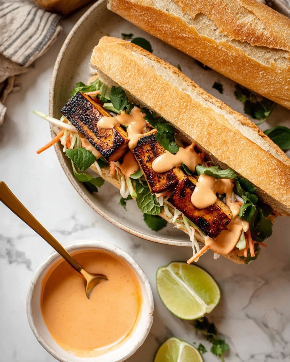 A sandwich is shown with a white baguette cut open horizontally. At the bottom layer inside the bread, there are thin slices of green cucumber laid closely together. On top of this, there is a thick layer of tofu pieces, light brown and slightly textured. Above the tofu, there is a mix of thinly sliced white and orange pickled vegetables, placed evenly across. The top layer has bright green leafy cilantro. A lime wedge is placed to the left of the sandwich on a wooden board covered with newspaper. Scattered green herb pieces are seen on the white marbled surface around it. The background has a soft beige color, and there is a glass jar with a metallic tap blurred behind. Photo taken with an iphone --ar 4:5 --v 7