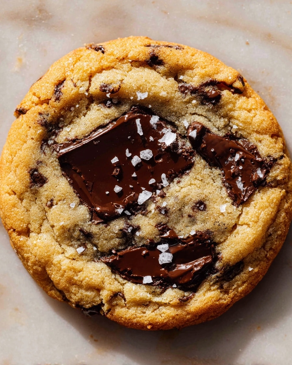 A close-up image of a single chocolate chip cookie showing one main layer with a golden-brown baked dough that looks soft and slightly crispy on the edges. The cookie surface is dotted with large dark melted chocolate chunks that look shiny and smooth, slightly melted into the cookie. There are also small scattered grains of white coarse sea salt crystals on top, adding texture. The cookie sits flat on a white marbled surface with natural light highlighting the cookie’s textures and colors. Photo taken with an iphone --ar 4:5 --v 7