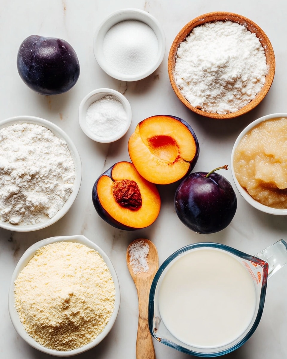 The image shows an arrangement of ingredients on a white marbled surface. In the center, there is a whole dark purple plum surrounded by two halved plums showing their orange flesh with pits. Around the plums, there are small white bowls filled with granulated sugar, powdered sugar, flour, salt with a small wooden spoon, and baking powder. A white bowl near the center holds a beige applesauce. A glass measuring cup filled with a white liquid (likely milk) sits in the foreground on the right, and a bowl with light yellow almond flour is placed in the lower left corner. The setup is clean and bright with clear textures visible in each ingredient. Photo taken with an iphone --ar 4:5 --v 7