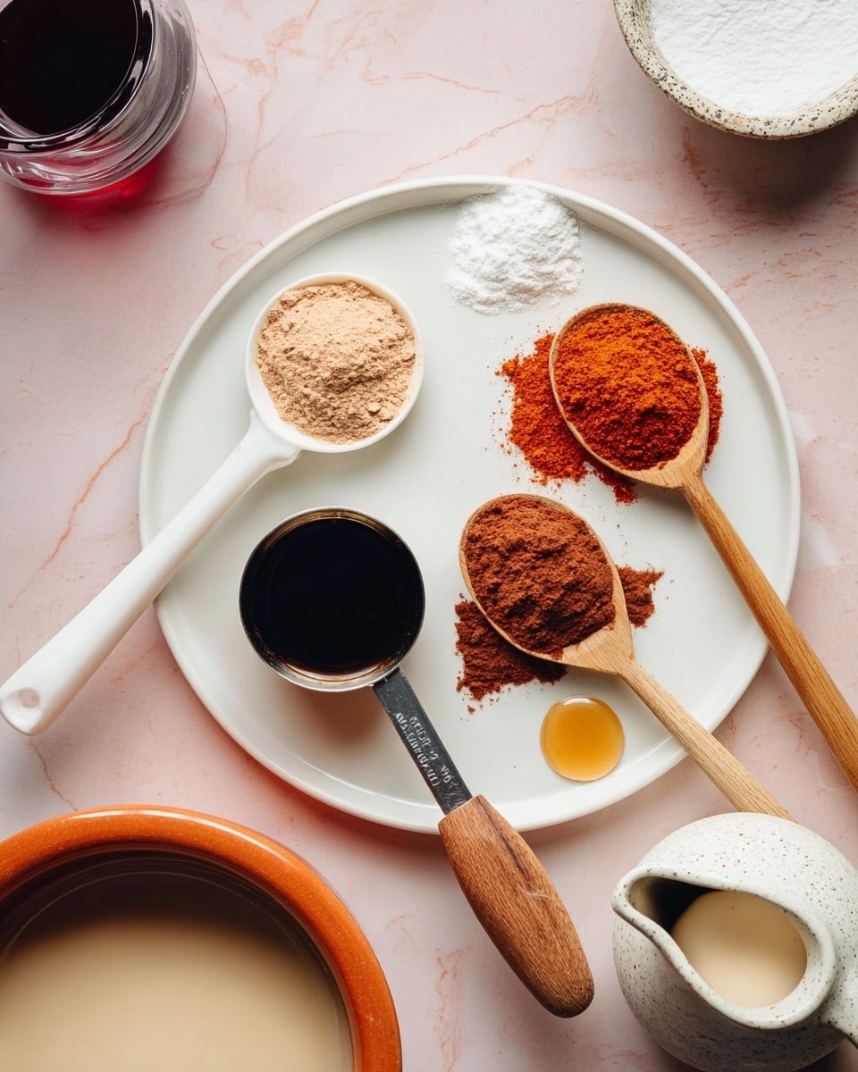A white round plate sits on a white marbled surface with three spoons holding different powders; the top spoon is white and filled with light brown powder, the middle spoon is white with reddish-orange powder, and the bottom spoon is wooden with a coarse reddish-brown powder. Below the spoons is a metal measuring spoon filled with dark liquid, with a wooden handle sticking out to the right. Around the plate, there is a small container with a white powder at the top right, a glass container with a dark liquid on the top left, a terracotta bowl with creamy white liquid on the bottom left, and a white speckled ceramic pitcher with beige liquid on the bottom right. A small drop of a golden liquid is on the plate near the middle spoon photo taken with an iphone --ar 4:5 --v 7